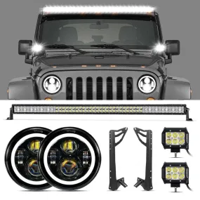 07-17 Jeep JK - Mega Bundle, 7" LED Halo Headlights,52" 300W Straight LED Light Bar&Windshield Mounting Brackets, 18W Pods light