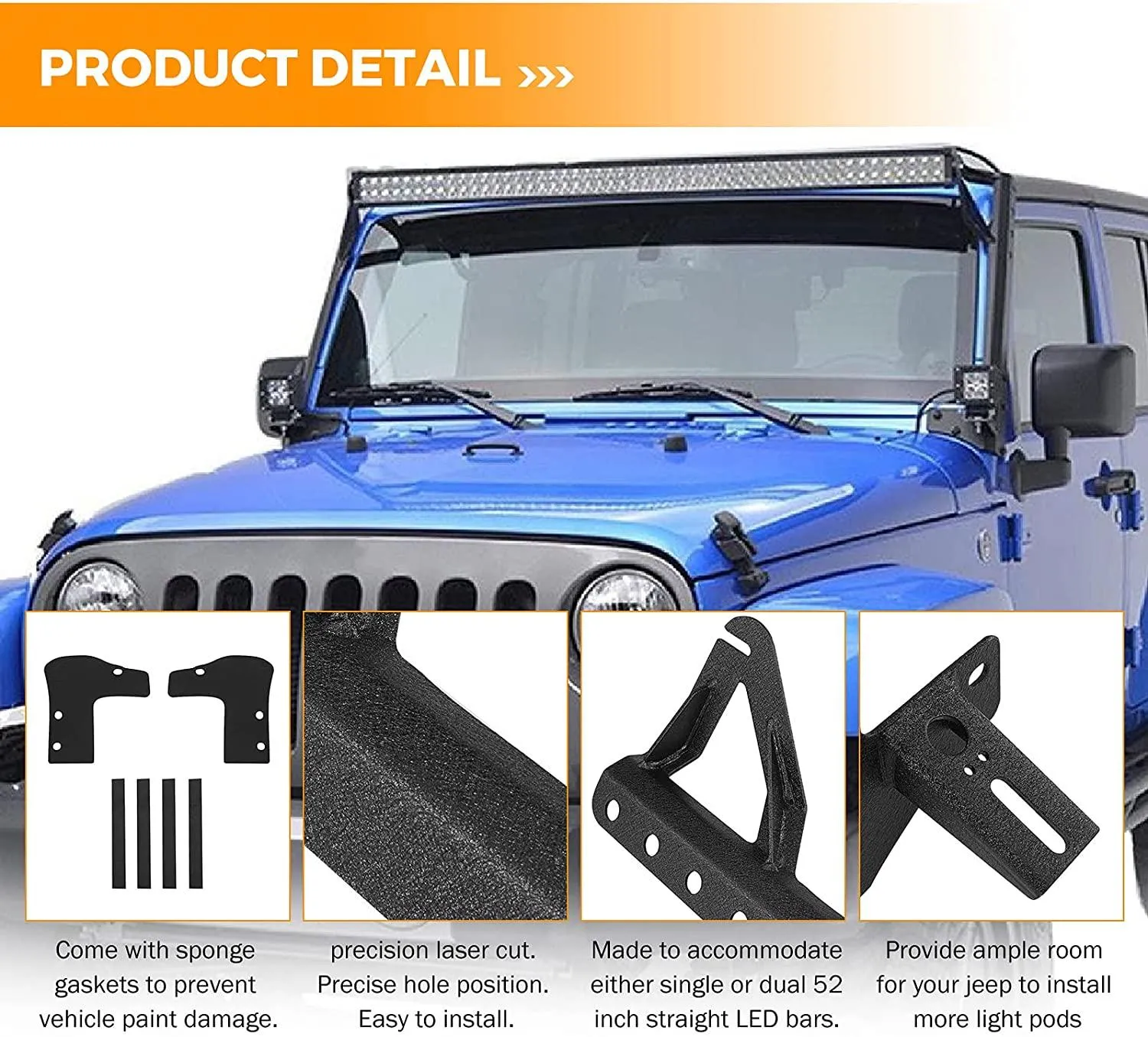 07-17 Jeep JK - Mega Bundle, 7" LED Halo Headlights,52" 300W Straight LED Light Bar&Windshield Mounting Brackets, 18W Pods light