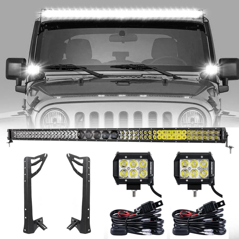 52" Straight LED Light Bar & 4" LED PODS & 2 IN 1 Design Windshield Mounting Brackets For Jeep Wrangler JK 2007~2017