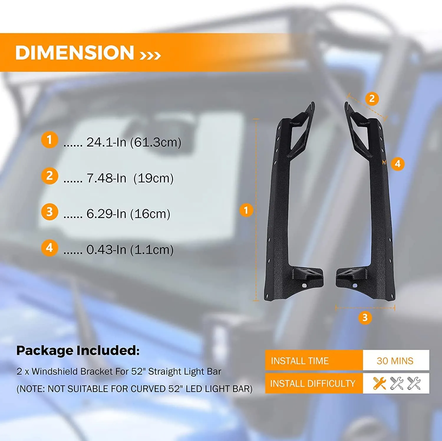 52" Straight LED Light Bar & 4" LED PODS & 2 IN 1 Design Windshield Mounting Brackets For Jeep Wrangler JK 2007~2017