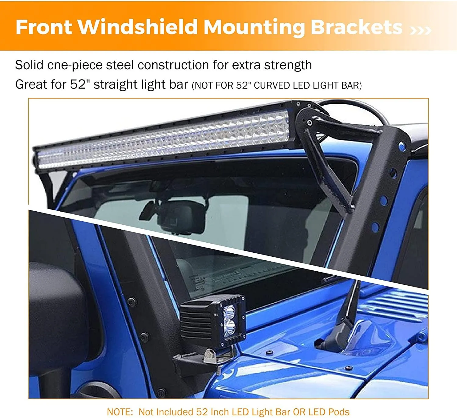 52" Straight LED Light Bar & 4" LED PODS & 2 IN 1 Design Windshield Mounting Brackets For Jeep Wrangler JK 2007~2017