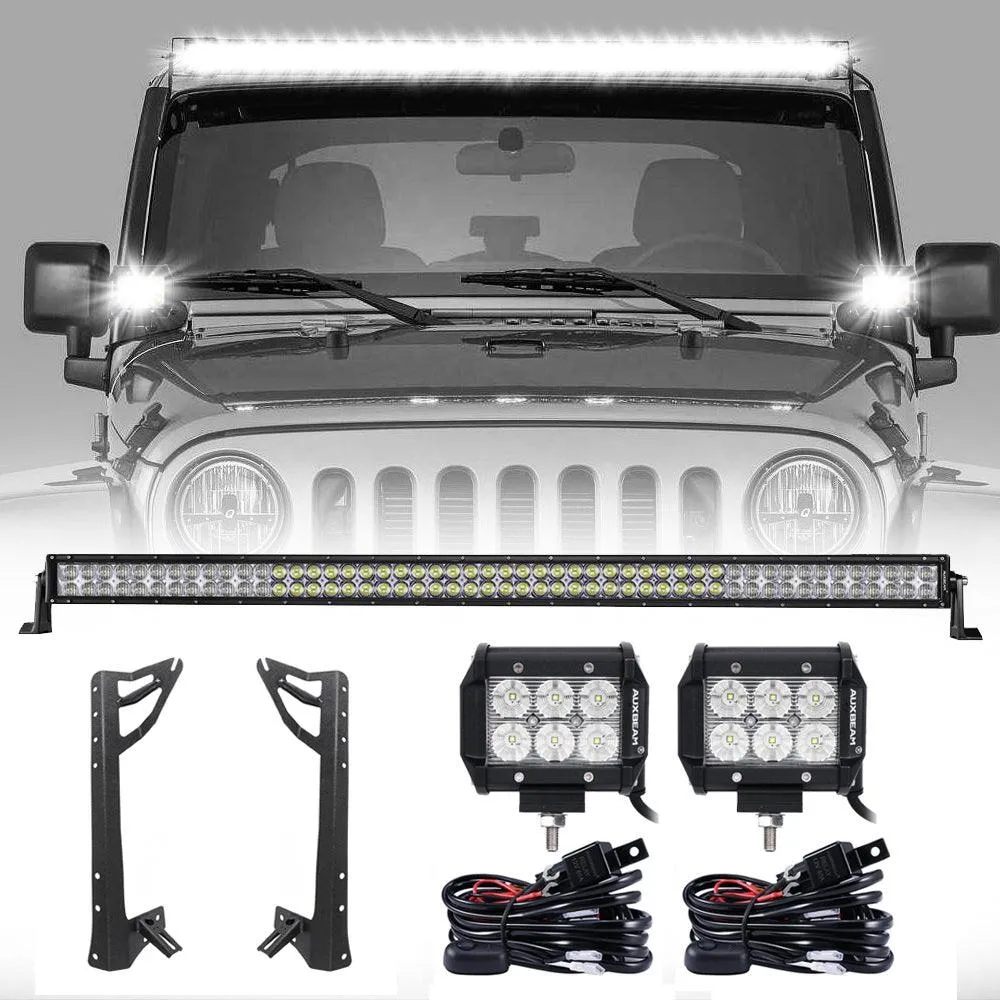 52" Straight LED Light Bar & 4" LED PODS & 2 IN 1 Design Windshield Mounting Brackets For Jeep Wrangler JK 2007~2017