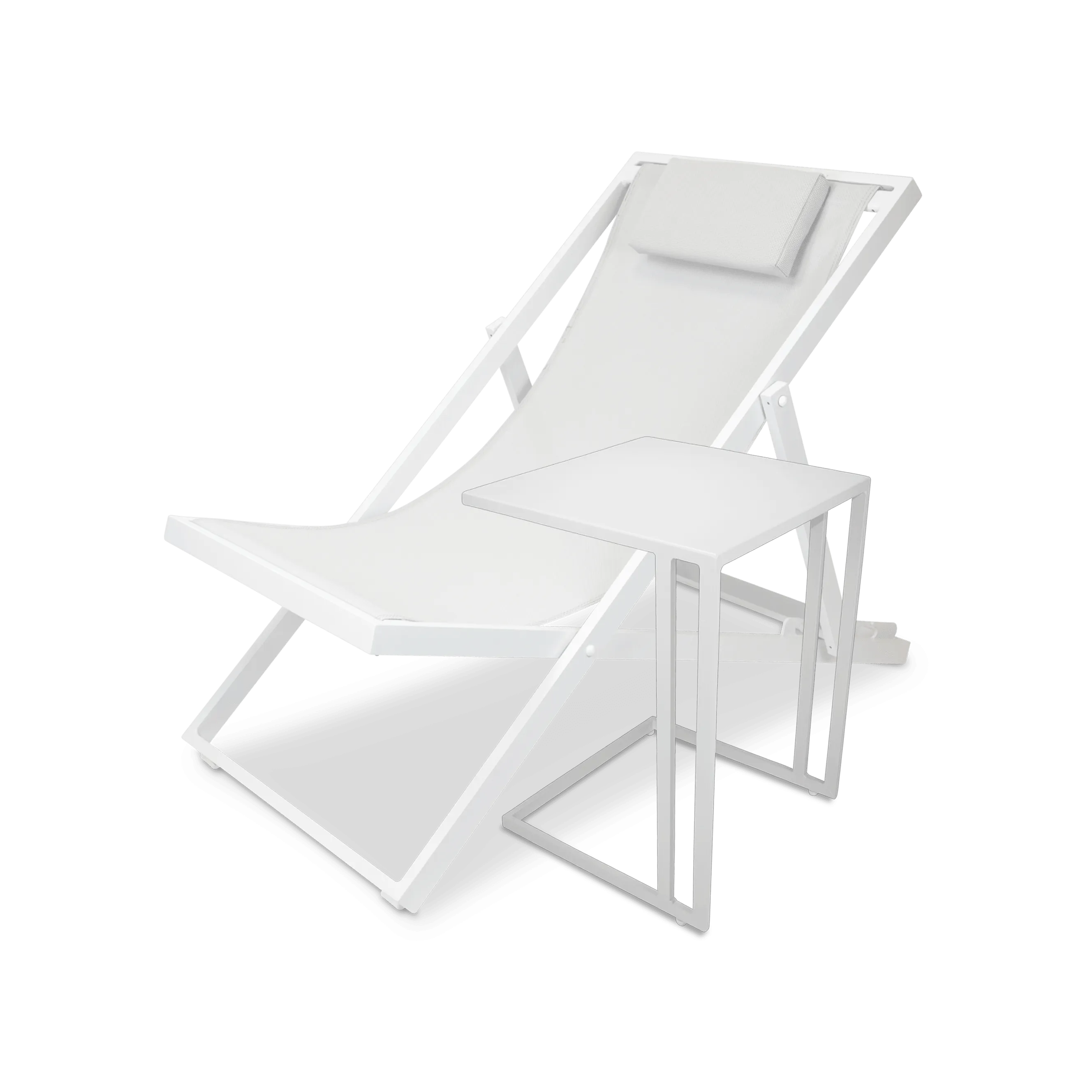 Chill Outdoor Deck Chair and Mykonos Medium Side Table in Arctic White Aluminium Frame and Charcoal Grey Textilene