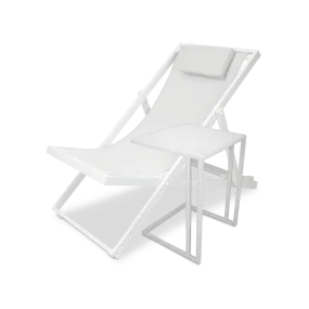 Chill Outdoor Deck Chair and Mykonos Medium Side Table in Arctic White Aluminium Frame and Charcoal Grey Textilene