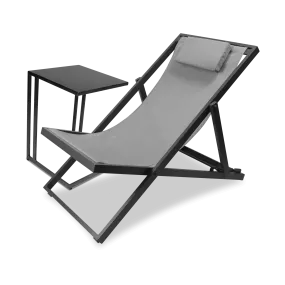 Chill Outdoor Deck Chair and Mykonos Medium Side Table in Gunmetal Aluminium Frame and Charcoal Grey Textilene