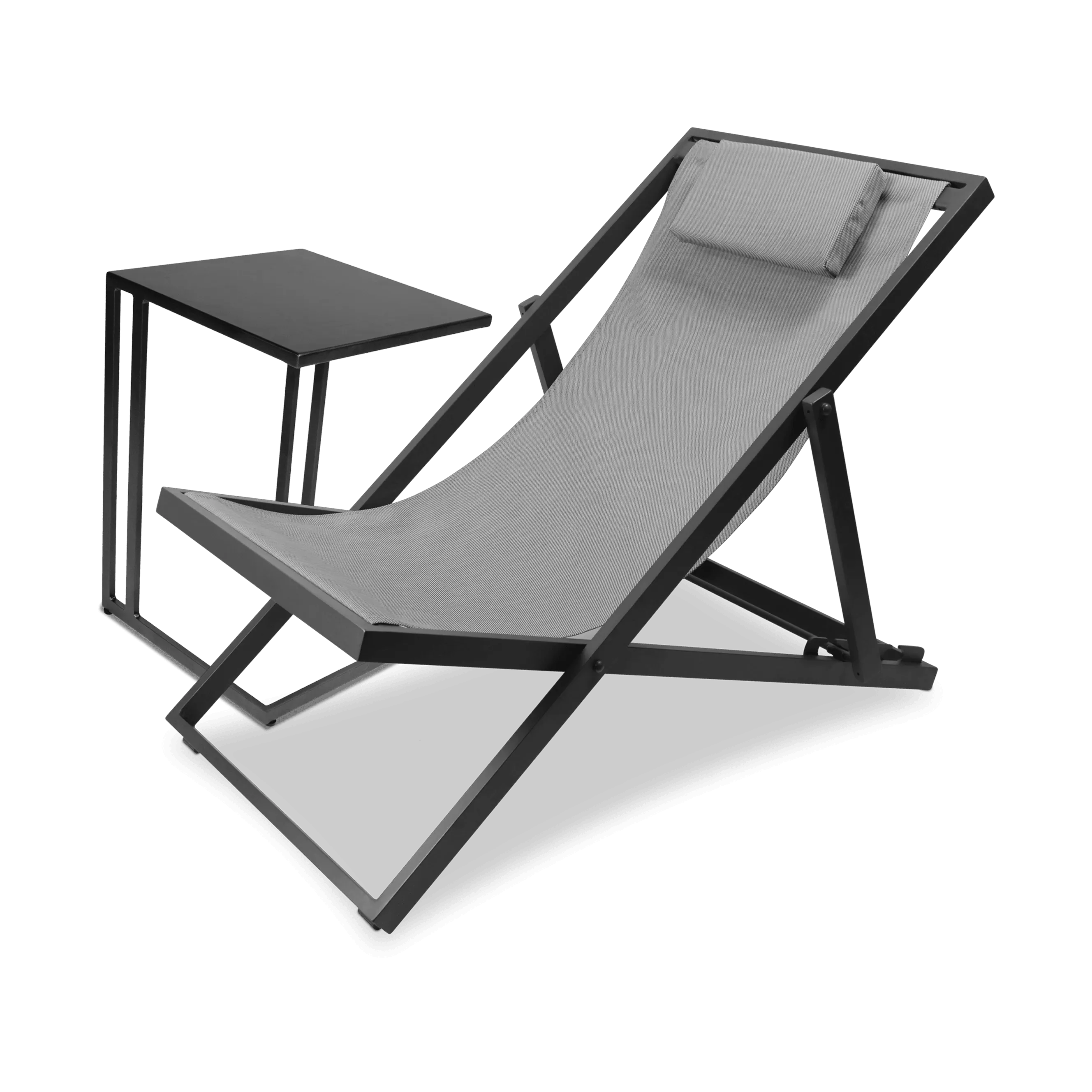 Chill Outdoor Deck Chair and Mykonos Medium Side Table in Gunmetal Aluminium Frame and Charcoal Grey Textilene