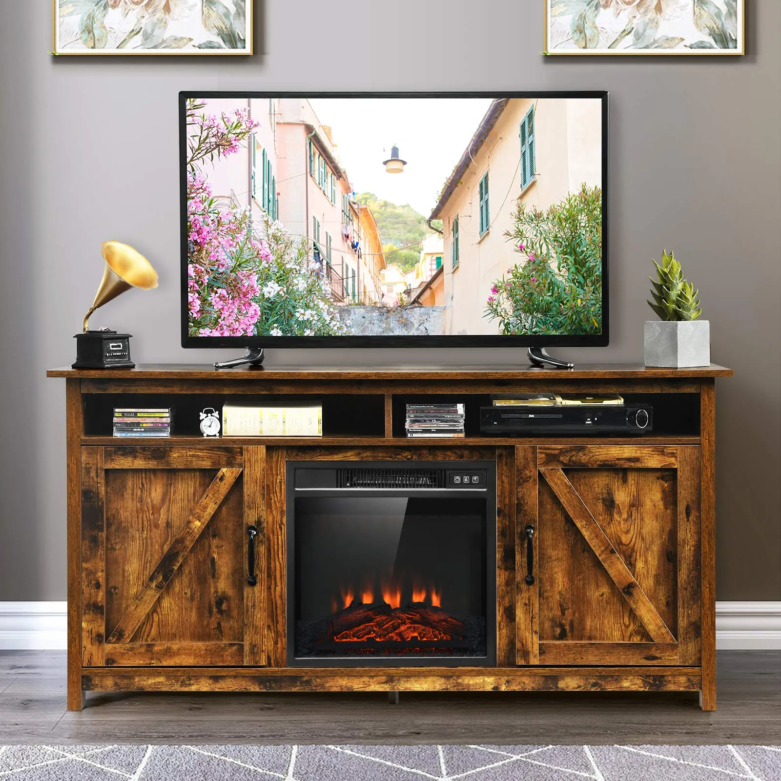 Industrial Fireplace TV Stand for TVs Up to 65 Inches, Entertainment Center w/18 1400W Electric Fireplace