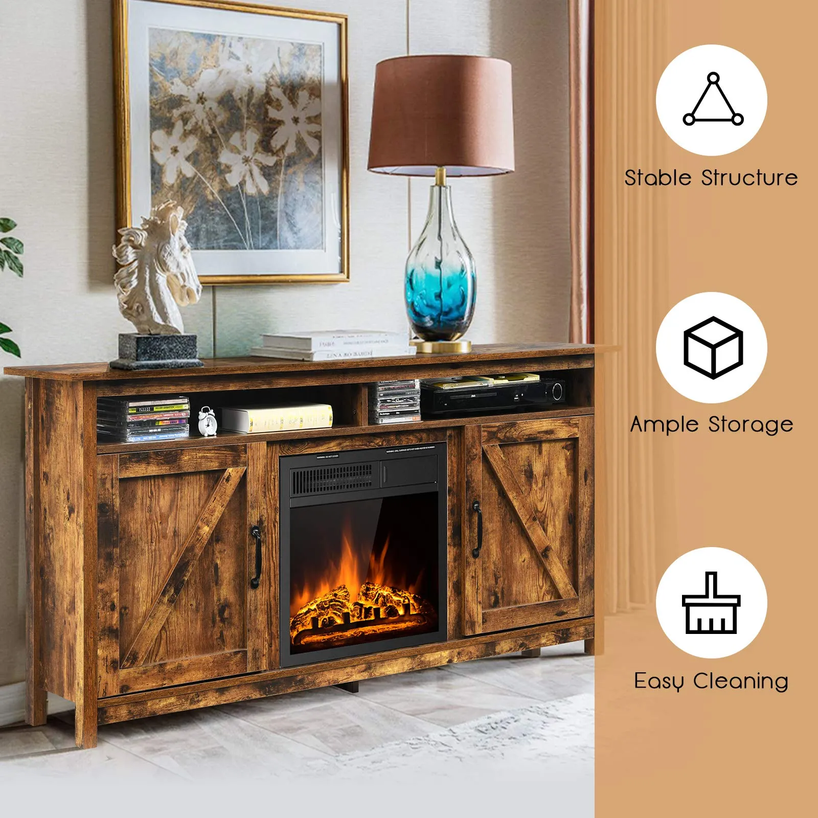 Industrial Fireplace TV Stand for TVs Up to 65 Inches, Entertainment Center