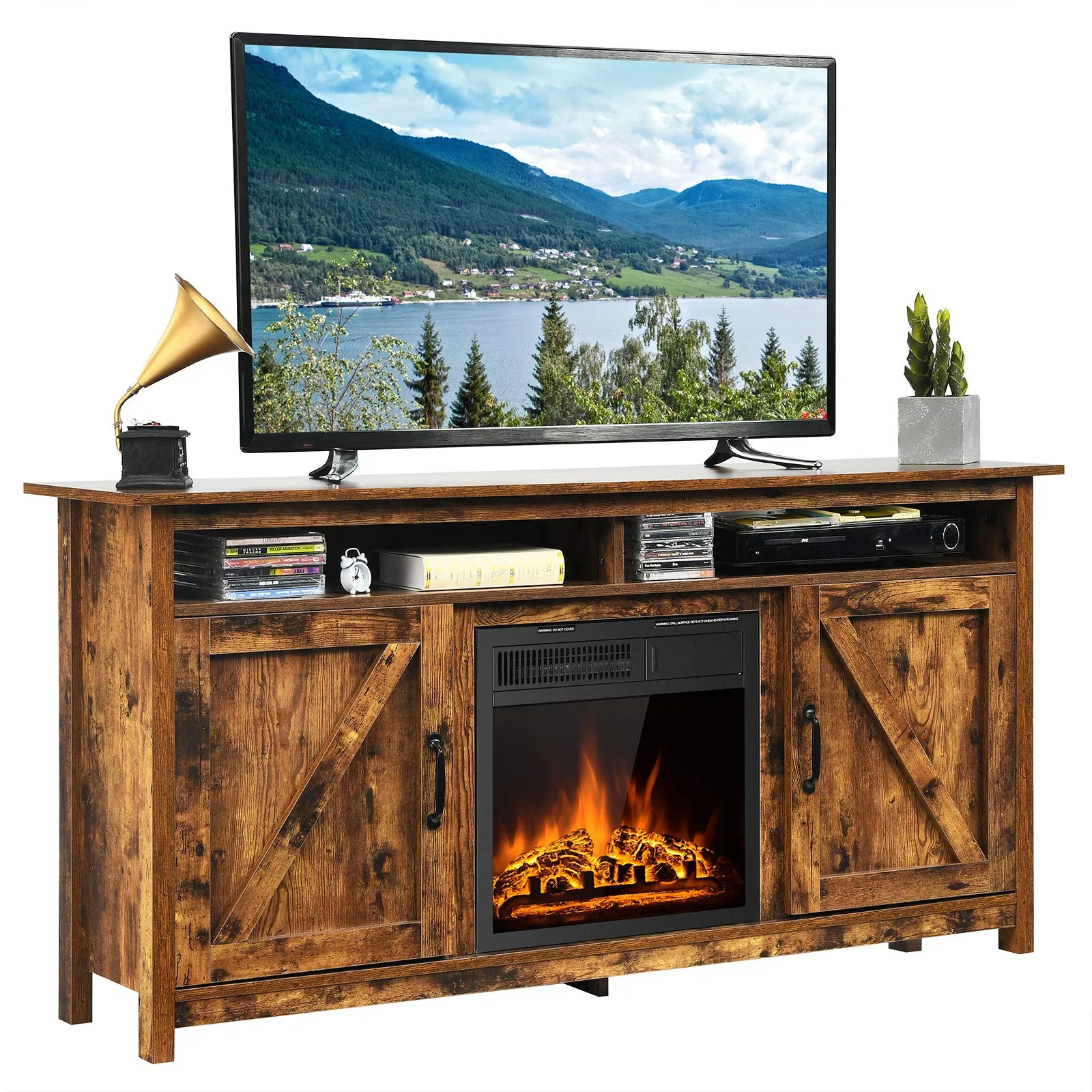 Industrial Fireplace TV Stand for TVs Up to 65 Inches, Entertainment Center