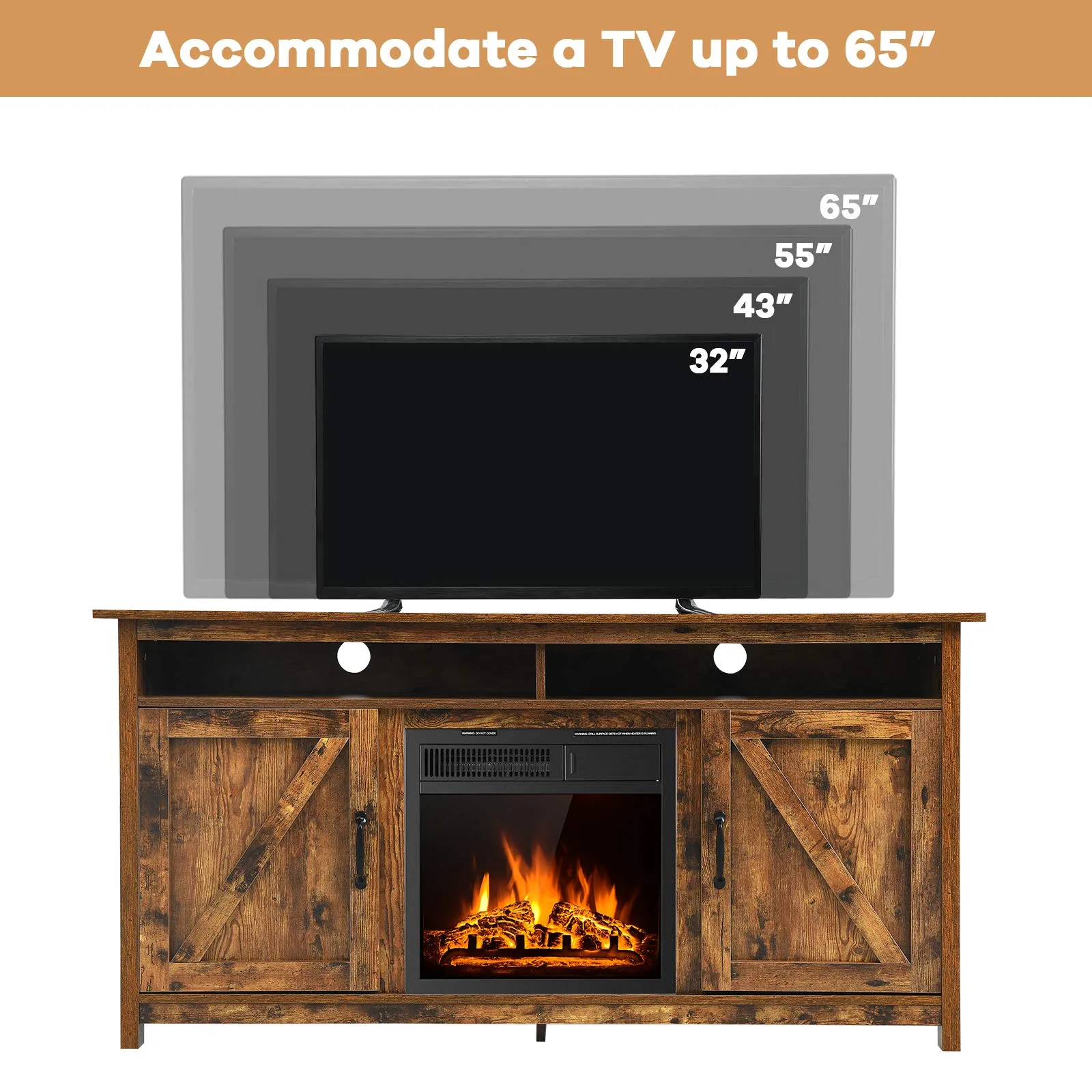 Industrial Fireplace TV Stand for TVs Up to 65 Inches, Entertainment Center