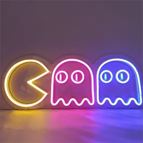 Nostalgic Pac-Man Neon Sign Classic Arcade Scene with Colorful Ghosts for Gaming Room and Entertainment Decor