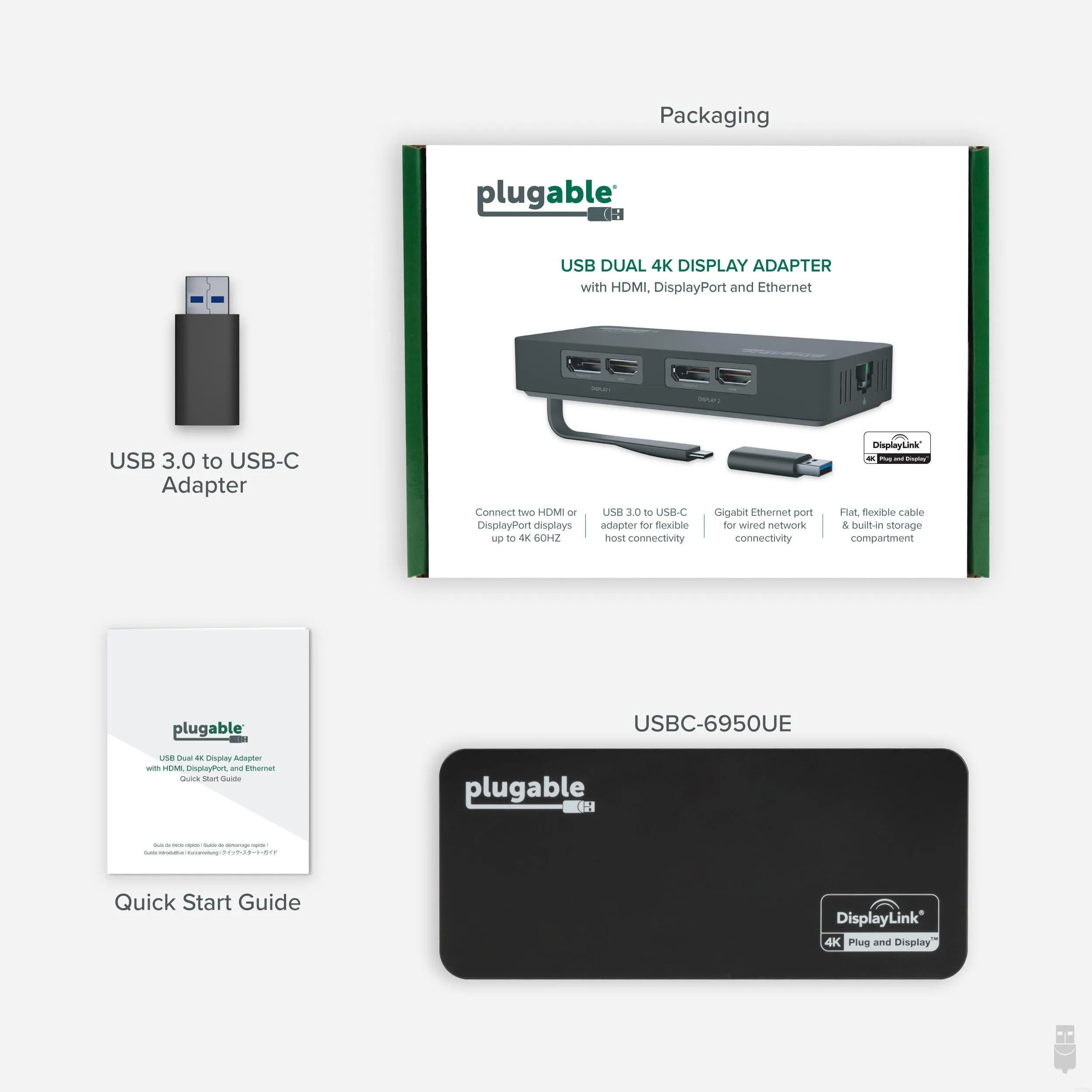 Plugable USB 3.0 and USB-C 4K DisplayPort and HDMI Dual Monitor Adapter with Ethernet