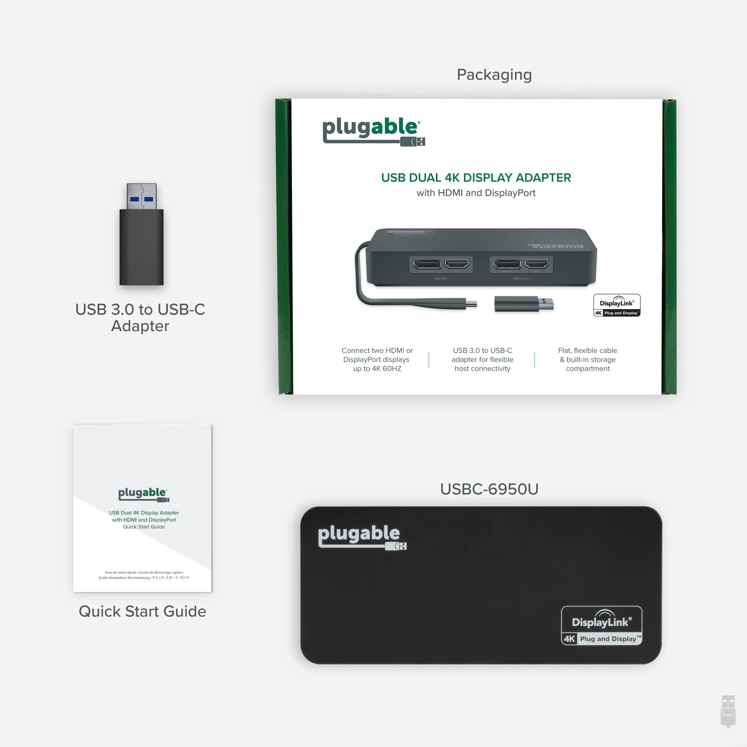 Plugable USB 3.0 and USB-C 4K DisplayPort and HDMI Dual Monitor Adapter