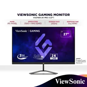 ViewSonic VX2758A-2K-PRO-3 27" QHD IPS Gaming Monitor | 240Hz | AMD FreeSync™ Premium | 1ms | 1440p